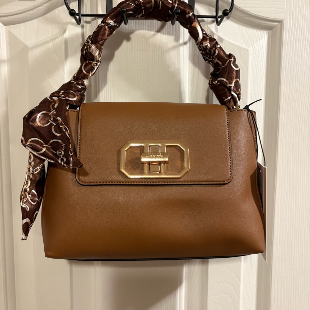 NWT Nicole Miller New York Womens Leather Shoulder Bag Tan Scarf Accent Medium